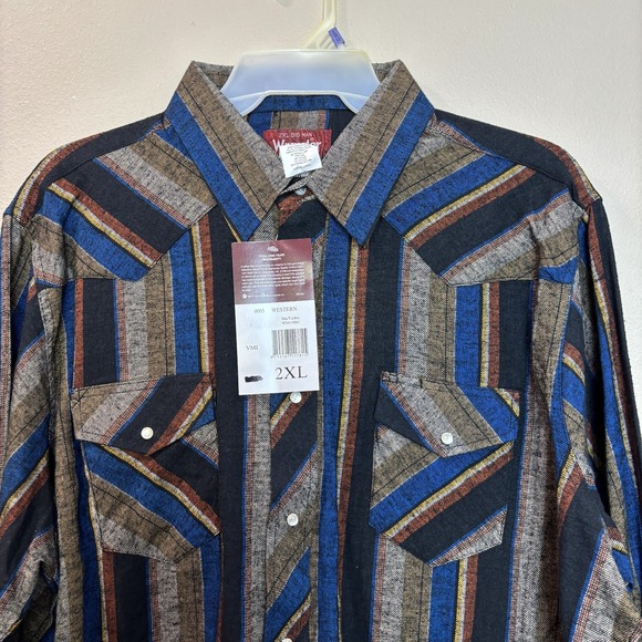NWT Vintage Flannel Wrangler Western Wear Pearl Snap Shirt Size 2XL Big Striped - Picture 2 of 11